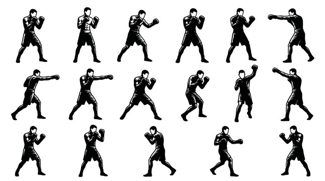Boxing Fighters Poses Vector Silhouette Set - Black and White Sports Combat Athletes Collection
