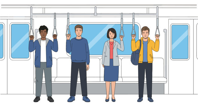 Diverse group of commuters standing and holding handles inside a modern subway or train car during their daily transit journey.