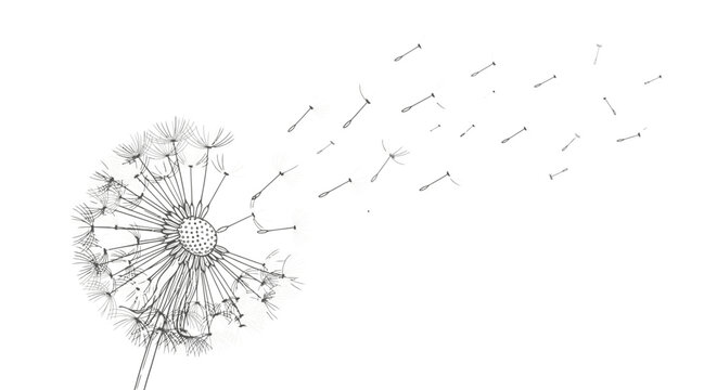 Black and white dandelion sketch with seeds blowing in wind