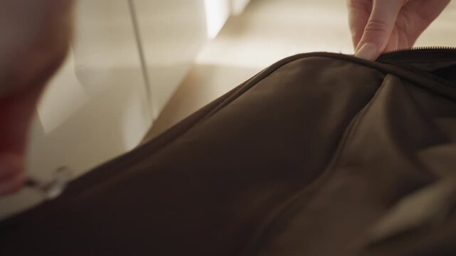 Focused person packing suitcase. Detailed image of hands securing brown suitcase in quiet corridor. Intimate shot capturing hands adjusting zipper on brown suitcase in calm hallway during packing