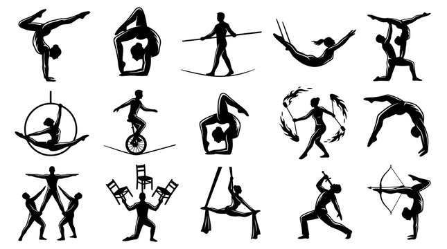 Circus Acrobatics Performers Black Silhouettes Vector Icons Set for Gymnastics and Entertainment Acts