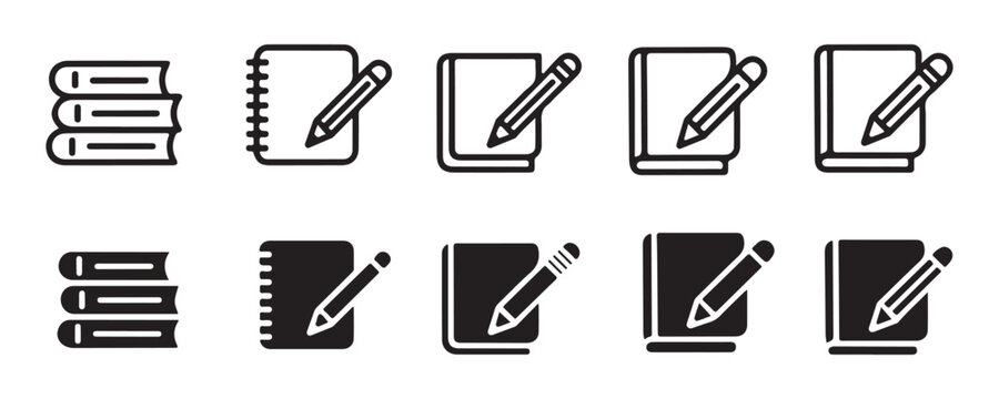 Set of notepad and pencil icons showing writing tools for taking notes and creative sketching design elements.