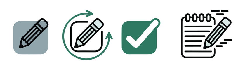 Edit pencil and checkmark icons with rounded squares for digital interface tasks or task list management. © Mukti