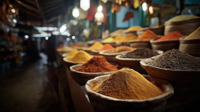 pasilla. Spice stall in a market with sacks of colorful spices. menu design, packaging mockups, designed for culinary blogs and recipe cards for restaurants, inspires cooking.