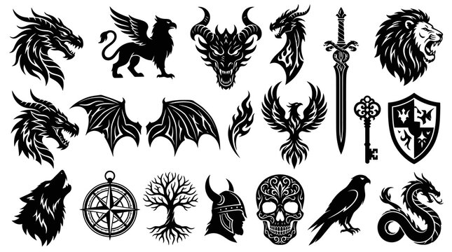Fantasy  Mythology Creatures Symbols Glyphs Collection. Medieval, Esoteric Icons. Black and White Vector Set.