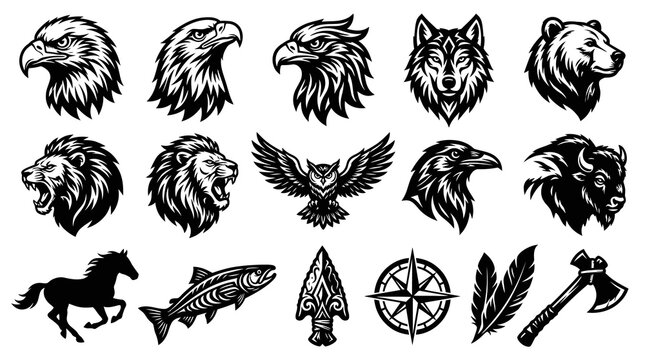 Black and White Native American Inspired Animal  Symbol Vector Set