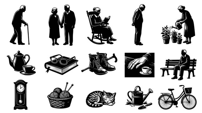 Black  White Engraving Illustration of Senior Lifestyle, Elderly Activities, and Retirement Hobbies