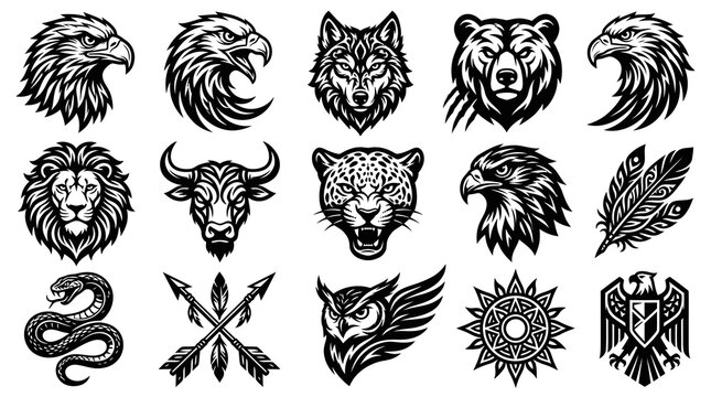 Black and White Vector Animals  Symbols Tattoo Style Art