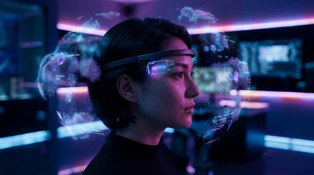 Side profile of a futuristic human wearing a sleek glowing brain-computer neural interface headset with floating digital data, 8K.