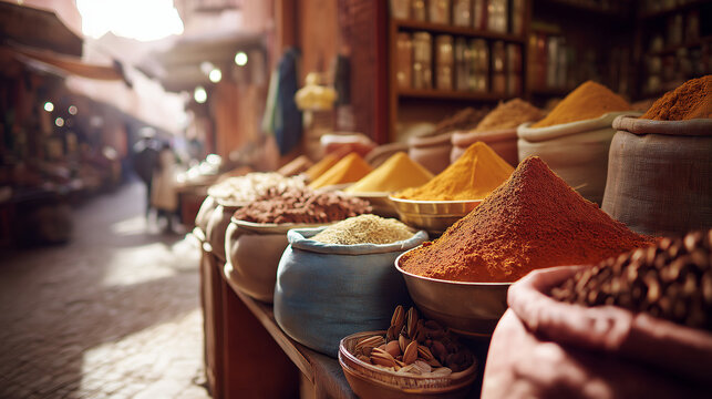pasilla. Spice stall in a market with sacks of colorful spices. menu design, packaging mockups, designed for culinary blogs and recipe cards for restaurants, inspires cooking.