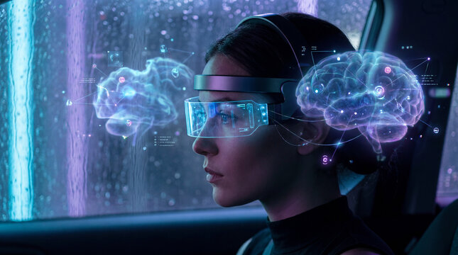 Side profile of a futuristic human wearing a sleek glowing brain-computer neural interface headset with floating digital data, 8K.