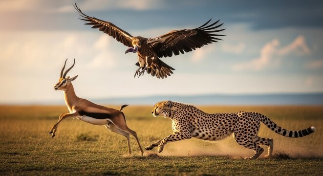 Eagle soars above gazelle and cheetah chasing across grassy plains