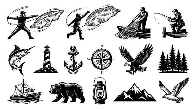 Outdoor Adventure, Fishing  Maritime Nature Vector Illustration Set - Vintage Engraving Style Elements