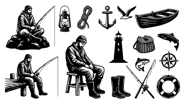 Black and White Fishing Icons Set: Fisherman, Boat, Lighthouse, Anchor, Fish, Lantern