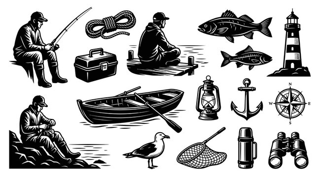 Vintage Black and White Engraving Style Fishing and Nautical Icons Set - Angler, Fish, Lighthouse, and Marine Elements