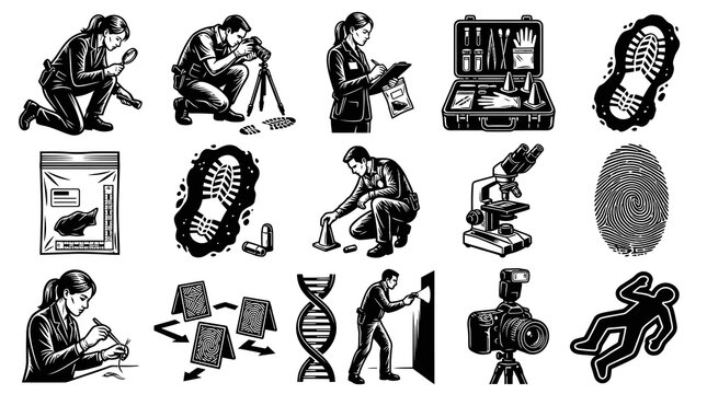 Black and White Line Art of Forensics Icons: Crime Scene Investigation