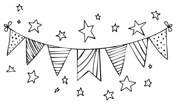 Hand drawn festive garland with triangle flags and stars for celebration card design or invitation pattern in black and white outline style