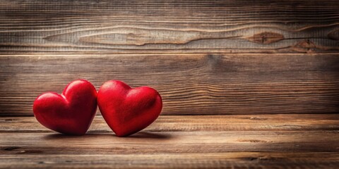 Fototapeta premium Two red hearts rest gently on a rustic wooden surface, a symbol of affection and love.