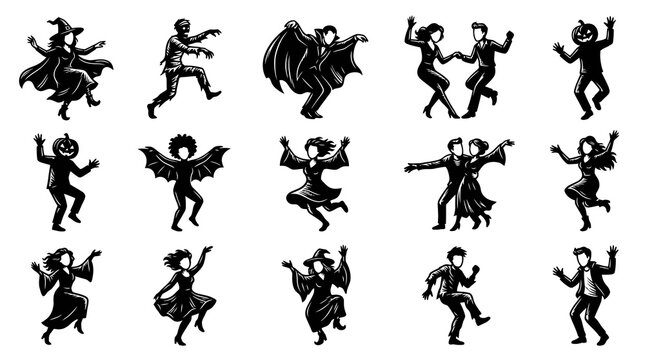 Black  White Halloween Icons: Dancing Zombies, Witches, Vampires,  Costumed Figures