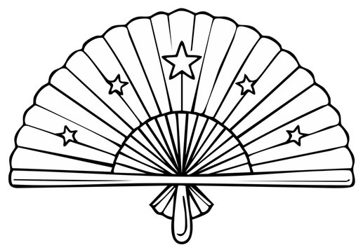 Elegant Hand Fan with Stars for Coloring Page or Artistic Design. Ornate Folding Fan Detailed Line Art. Graceful Decoration