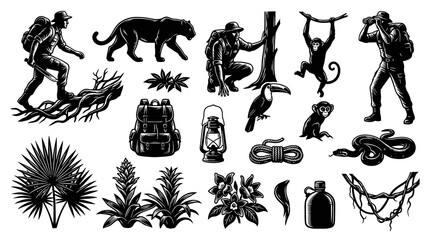 Naklejka premium Jungle Expedition Adventure Vector Icons: Explorer, Panther, Monkey, Toucan, Snake