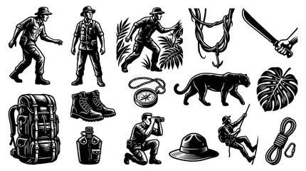 Obraz premium Jungle Adventure Expedition Explorer Gear Wildlife Vintage Engraving Style Black and White Illustration