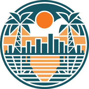 Tropical city sunset oval emblem a vibrant blend of urban and paradise elements