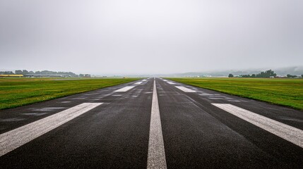 Fototapeta premium Wet runway stretches to a distant, hazy horizon under a grey sky