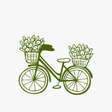 Sring and summer whimsical green bicycle with flowers bouquets in sketch style. Hand drawn cottagecore coquette illustration. Quirky sketch design