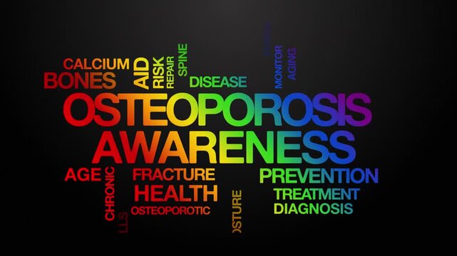 osteoporosis awareness concept Animated Tag Word Cloud kinetic typography, Text Design Animation typography seamless loop video motion graphics Intro Wordart tagcloud rainbow type on black background 