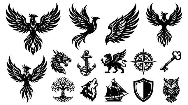 Black and White Vector Icons of Mythological Creatures and Symbols
