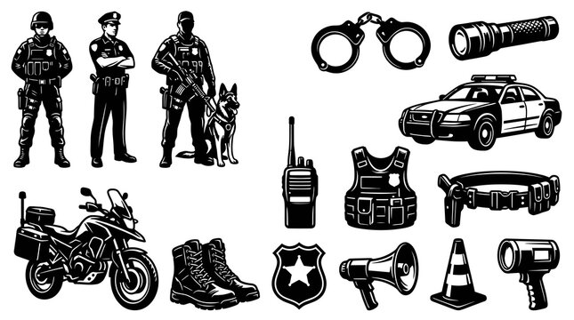 Black and White Line Art Law Enforcement Police Officer and Equipment Vector Icon Set