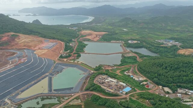 Aerial view of tailing ponds and mining site in indonesia