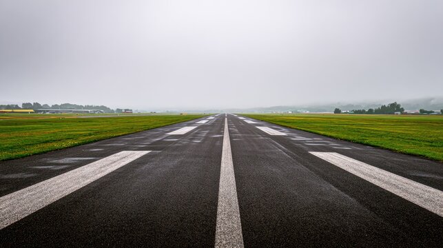 Wet runway stretches to a distant, hazy horizon under a grey sky