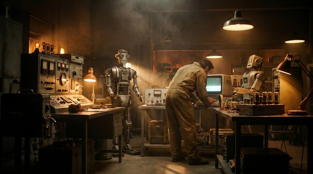 Retro-Futuristic Robot Workshop with Engineer Working on Vintage Computer
