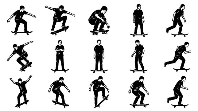 Skateboarding Black and White Vector Illustrations Set - Skateboarder Action Poses, Tricks, and Movements