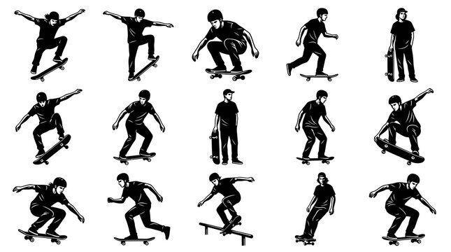 Black and White Skateboarders Illustration Set for Extreme Sports and Youth Culture Recreation Design