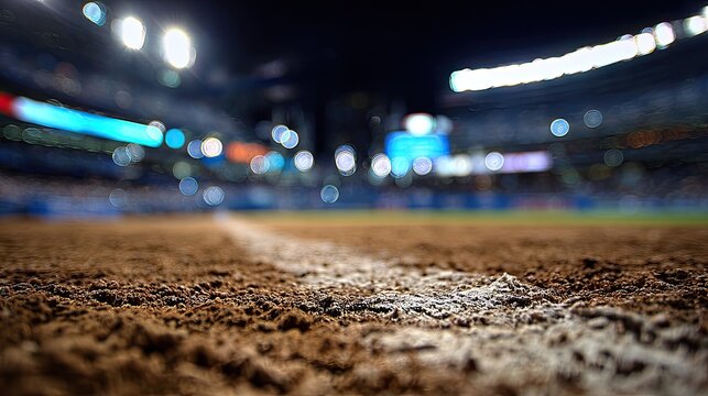 Close-up low angle of a baseball field's dirt and white line at night
