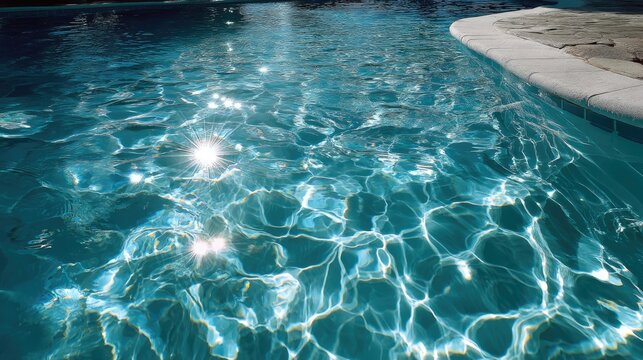 Water caustic reflection, swimming pool light pattern on white wall, blue ripple shadow, summer abstract background 