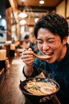 돈코츠 라멘 첫 숟가락에 행복한 표정을 짓는 젊은 일본 남성의 만족스러운 식사.