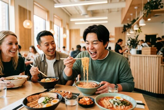 현대적인 식당에서 미소 라멘을 먹으며 즐거움과 기대를 표현하는 친구들의 행복한 식사.