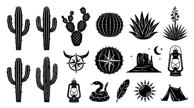 Desert Icon Set: Cacti, Snake, Lantern, Tent, Sun, Moon, Rocks, Feather, Compass