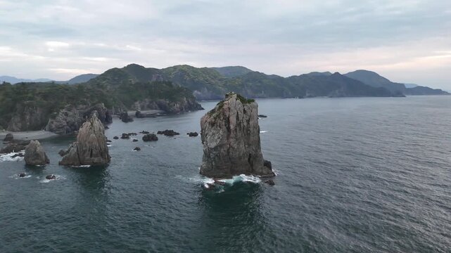 Aerial View of Sea Alps Rock Formations in Omi Island Nagato Japan, 4K Coastal Landscape 10