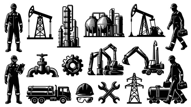 Black and White Icons of Oil and Gas Industry Workers and Equipment