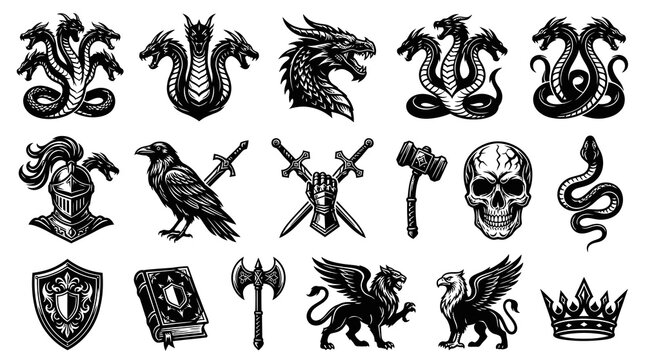 Black  White Fantasy Vector Icons: Dragons, Knights, Skulls, Axes, Crowns, Griffins