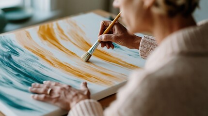 Fototapeta premium A woman is passionately painting an abstract piece on canvas, showcasing a blend of vibrant orange and teal colors that evoke creative expression and artistic freedom.
