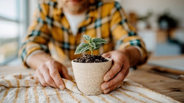 A focused individual lovingly tending to a small plant in a pot, demonstrating care for nature in a warm and inviting indoor setting, showcasing growth and responsibility.