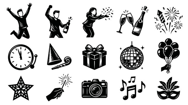 Celebration and Party Glyph Icons Set - Festive Event Symbols in Black and White Solid Style