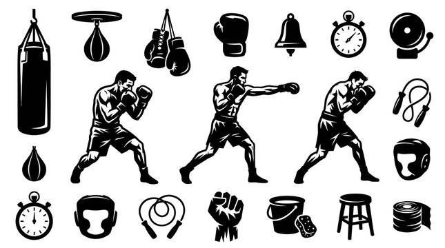 Boxing Icon Set: Punching Bag, Gloves, Fighters, Bell, Stopwatch, Gear