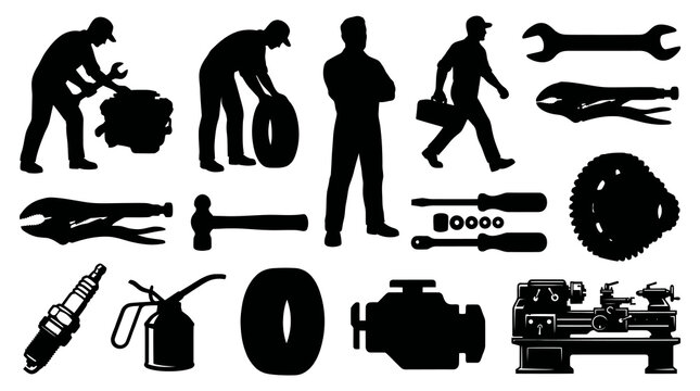 Automotive Mechanic  Repair Tools Black Silhouettes Set: Engine, Tire, Spark Plug, Lathe Machine Glyph Icons
